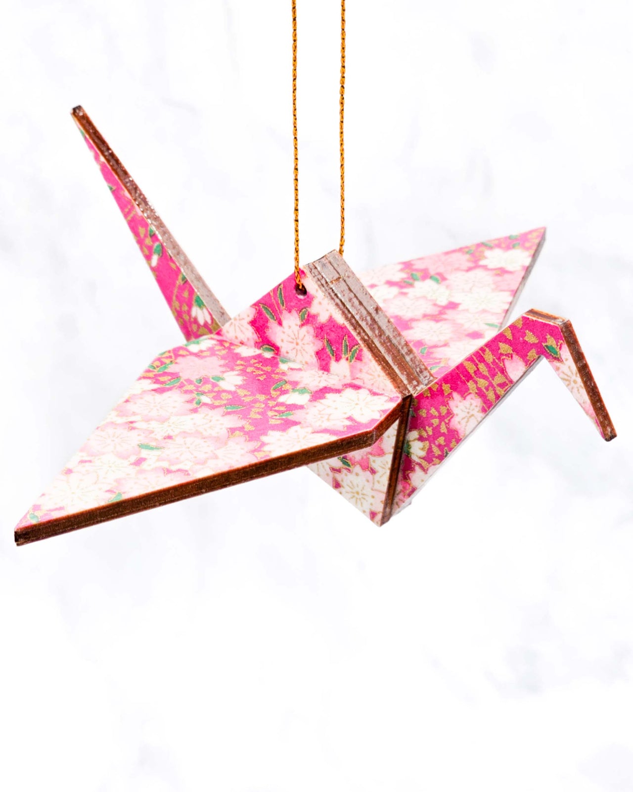 Wooden Origami Crane - Pink & White Cherry Blossoms on Pink