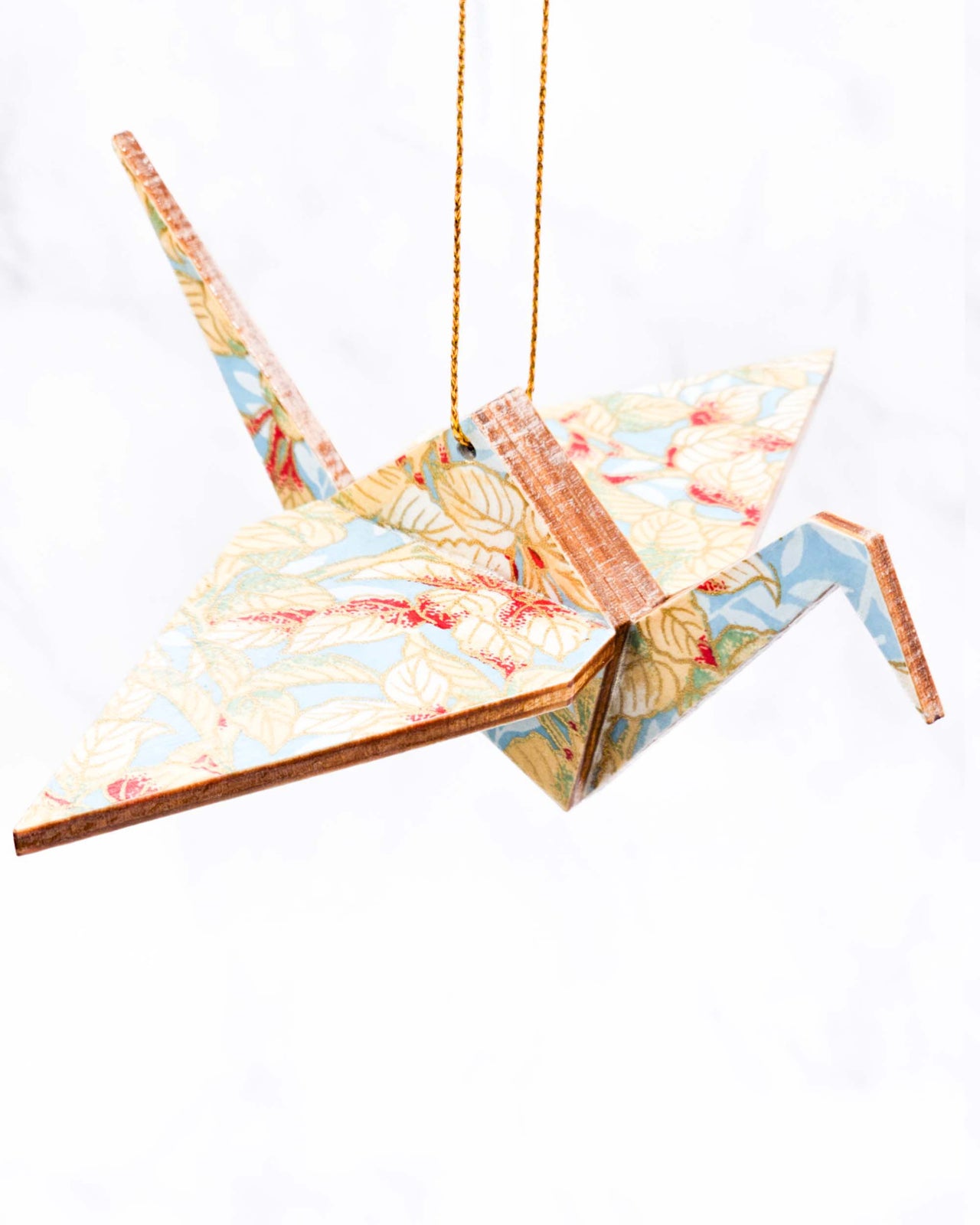 Wooden Origami Crane - Beige Leaves on Blue