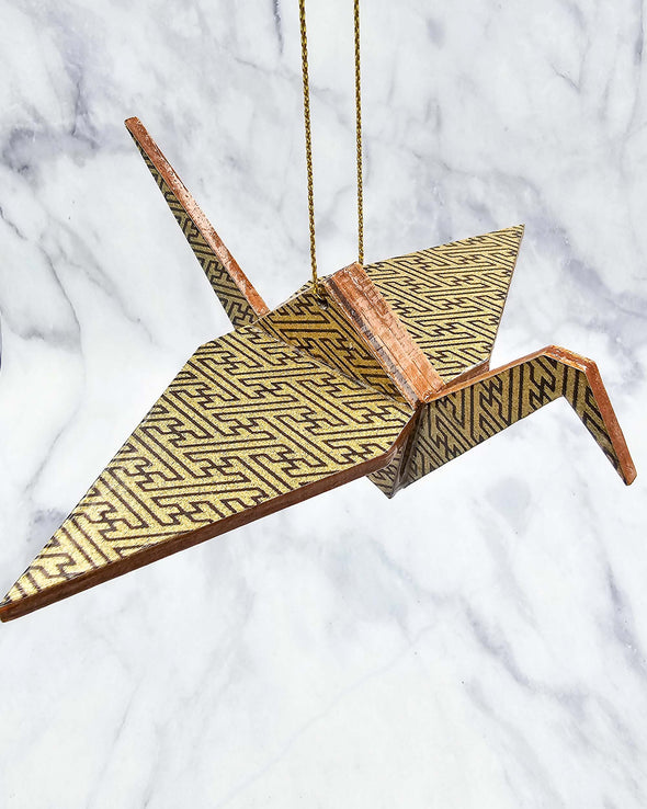 Wooden Origami Crane - Gold Sayagata