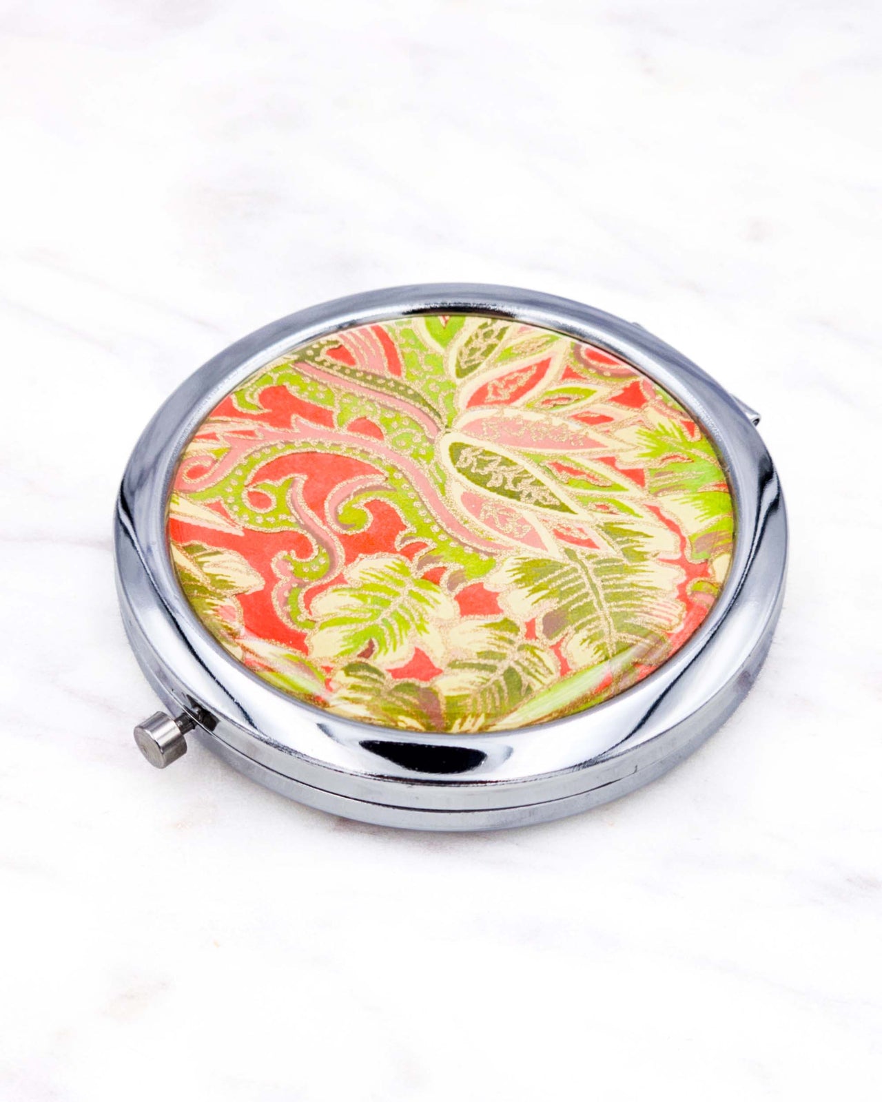 Compact Mirror - Green & Pink Fronds on Red