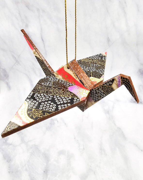 Wooden Origami Crane - Floral & Geometric Design