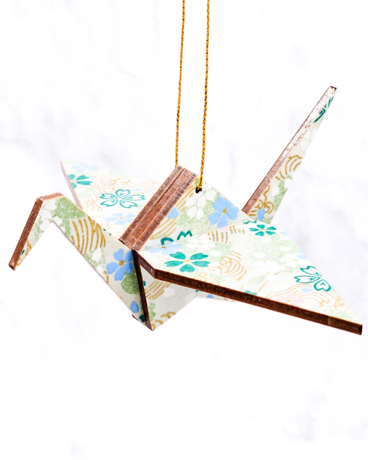 Wooden Origami Crane - Green Cherry Blossoms