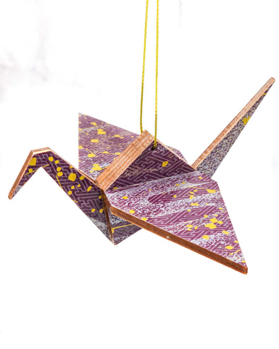 Wooden Origami Crane -  Purple Sayagata