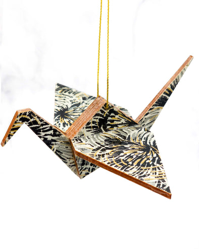 Wooden Origami Crane - Black & Gray Chrysanthemums
