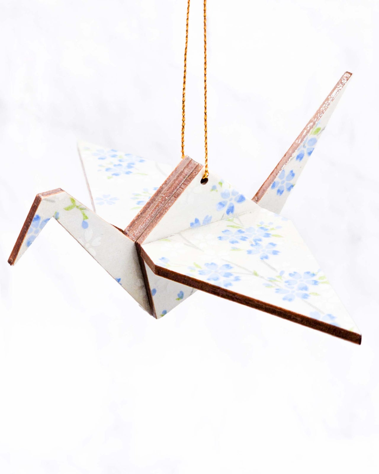 Wooden Origami Crane - Cherry Blossoms on Pearlescent Blue