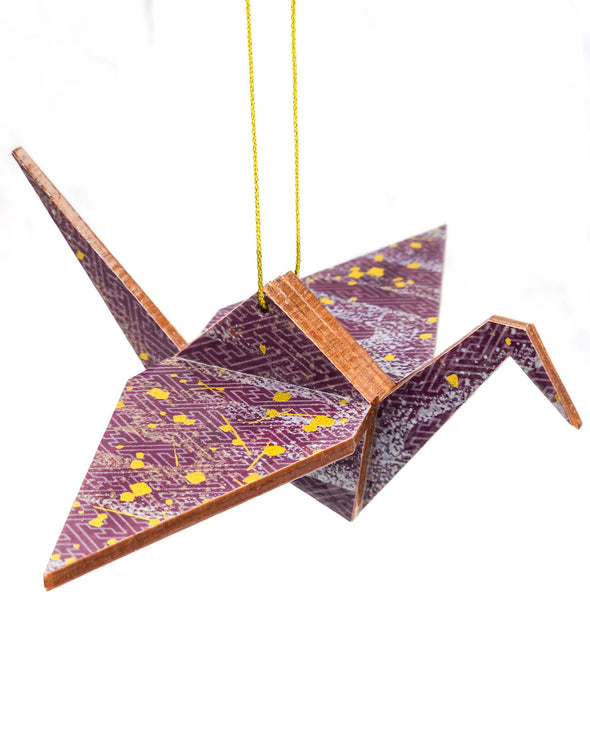 Wooden Origami Crane -  Purple Sayagata