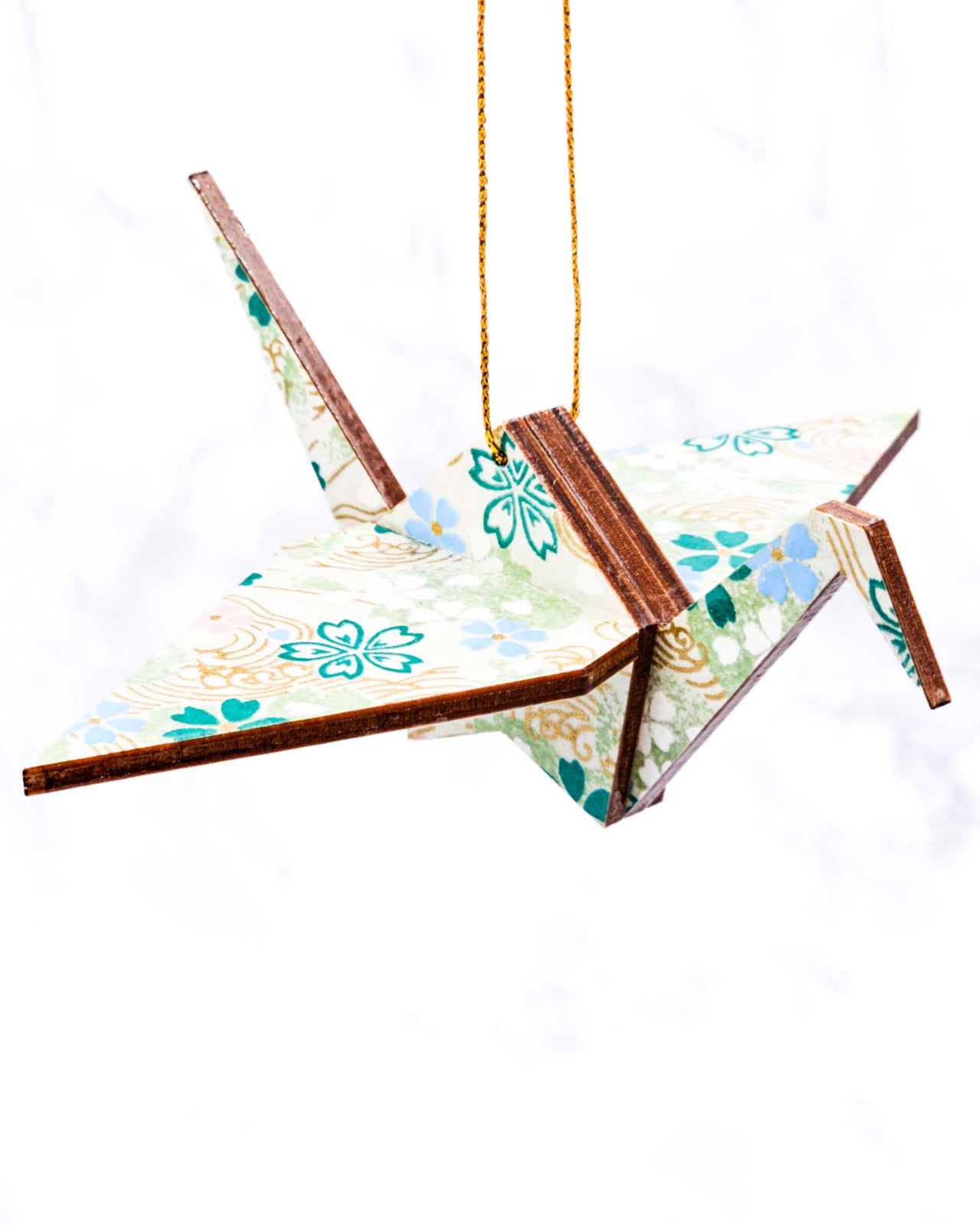 Wooden Origami Crane - Green Cherry Blossoms