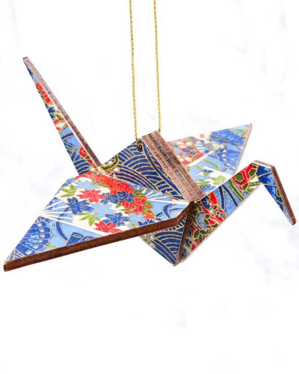 Wooden Origami Crane - Floral Hand Fans on Blue