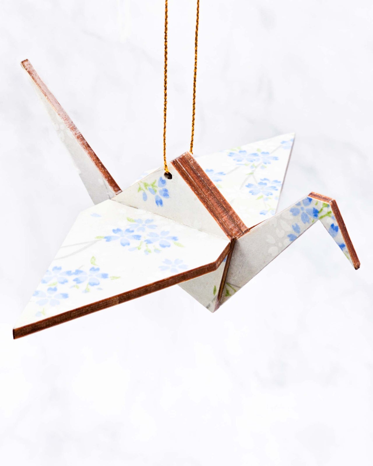 Wooden Origami Crane - Cherry Blossoms on Pearlescent Blue