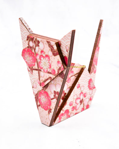 Wooden Origami Cat - Pink Plum Blossom Branches on Pink