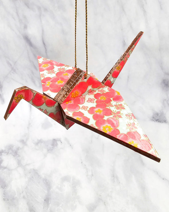Wooden Origami Crane - Pink Cherry Blossoms on Gray