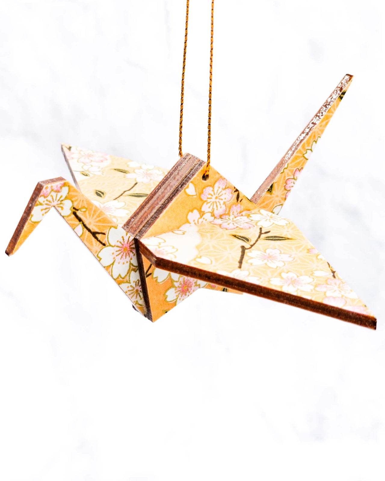 Wooden Origami Crane - Pink Cherry Blossoms on Orange