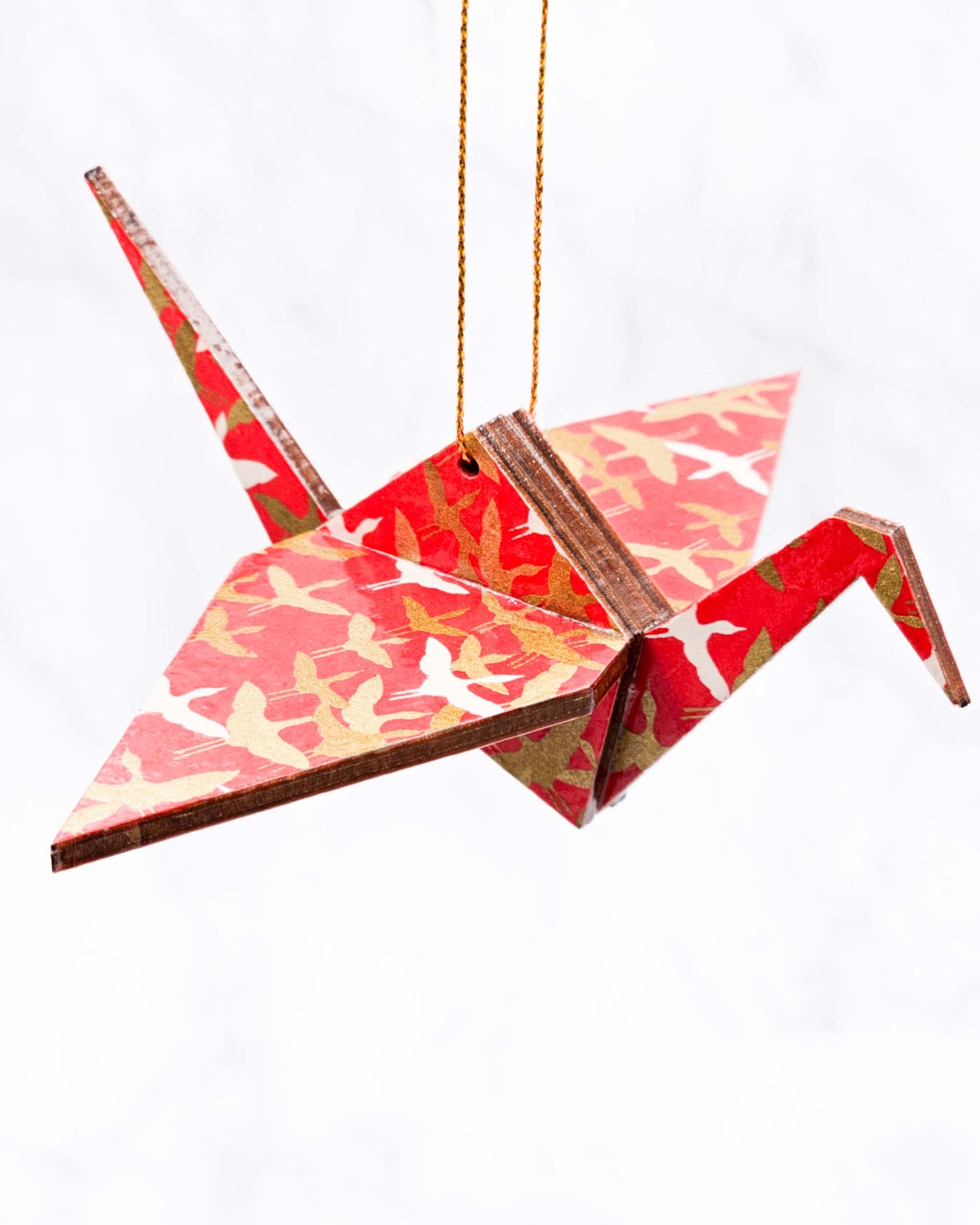 Wooden Origami Crane - Gold Cranes on Red