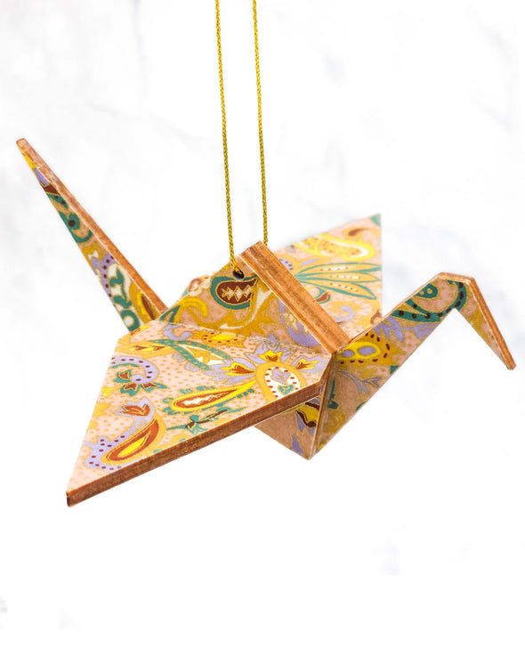 Wooden Origami Crane -  Brown Paisley