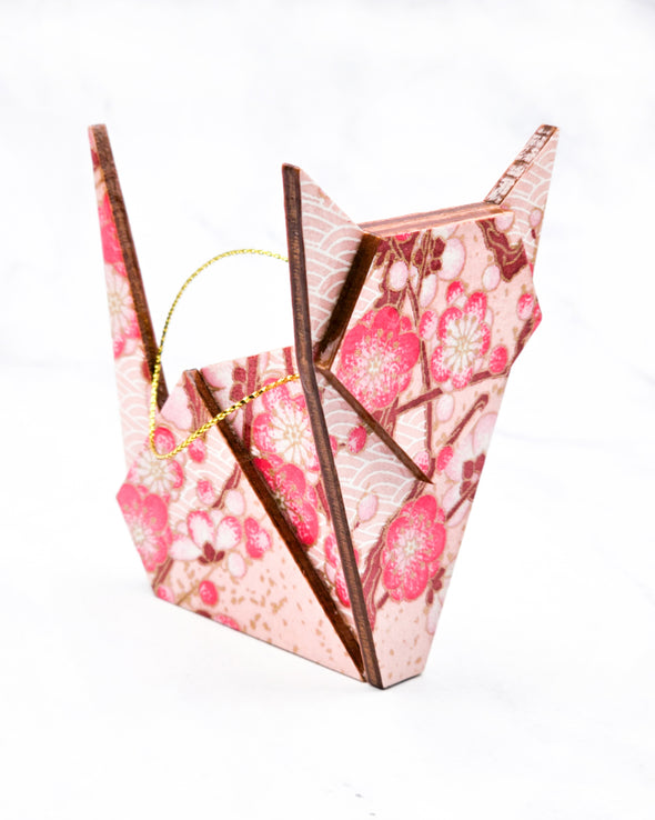 Wooden Origami Cat - Pink Plum Blossom Branches on Pink