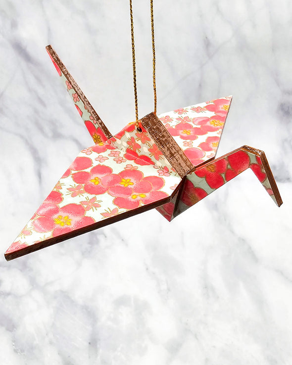 Wooden Origami Crane - Pink Cherry Blossoms on Gray