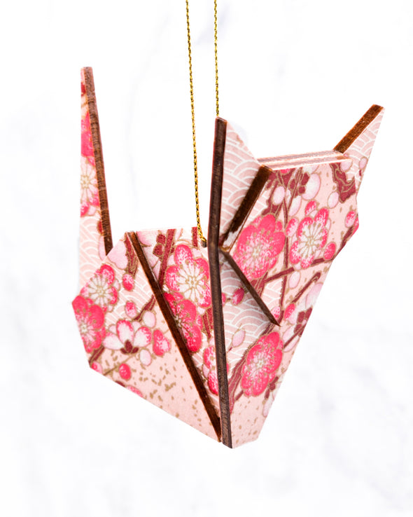 Wooden Origami Cat - Pink Plum Blossom Branches on Pink