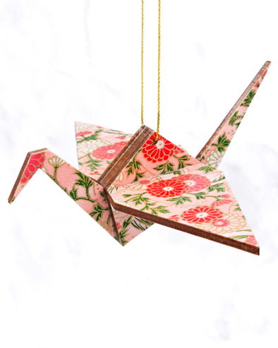 Wooden Origami Crane - Chrysanthemums on Pink