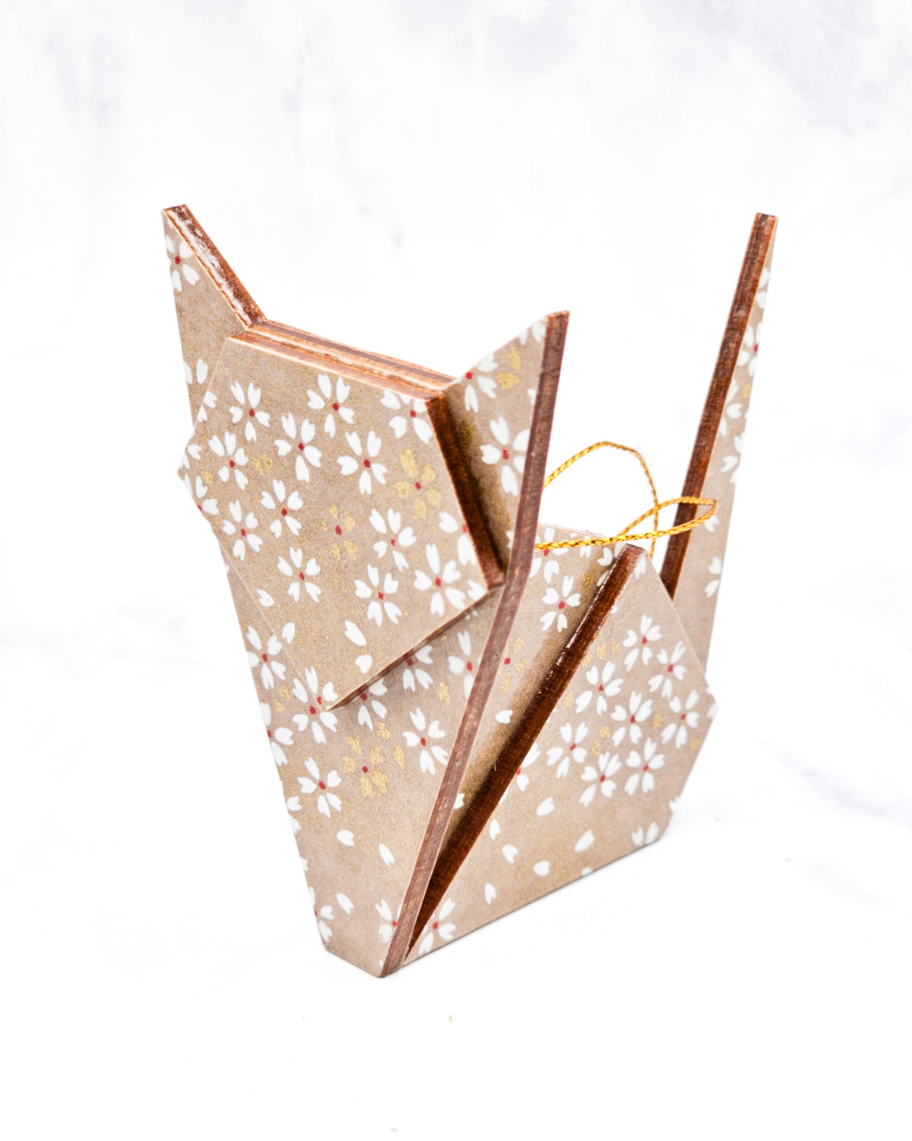 Wooden Origami Cat -  White & Gold Cherry Blossoms on Brown