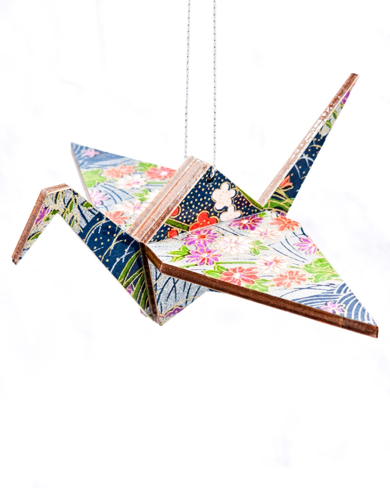 Wooden Origami Crane - Flowers on Silver & Blue