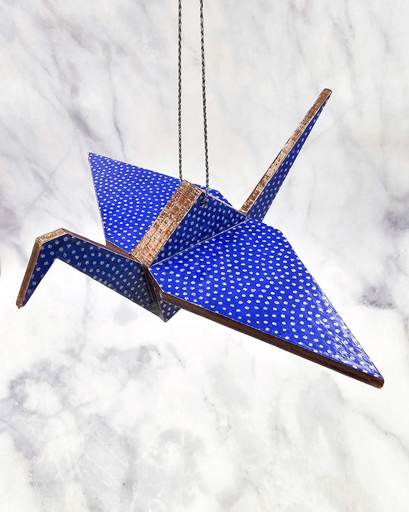 Wooden Origami Crane - Blue & Silver Same-Komon