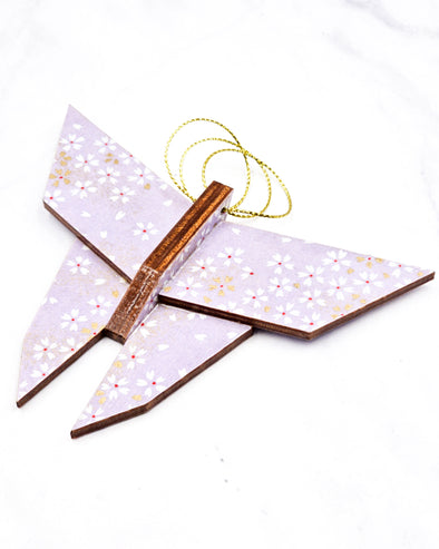 Wooden Origami Butterfly - White & Gold Cherry Blossoms on Purple
