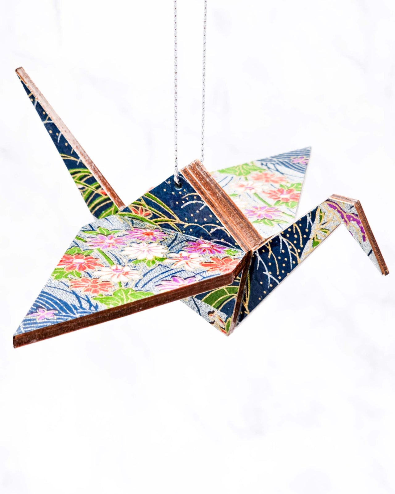 Wooden Origami Crane - Flowers on Silver & Blue