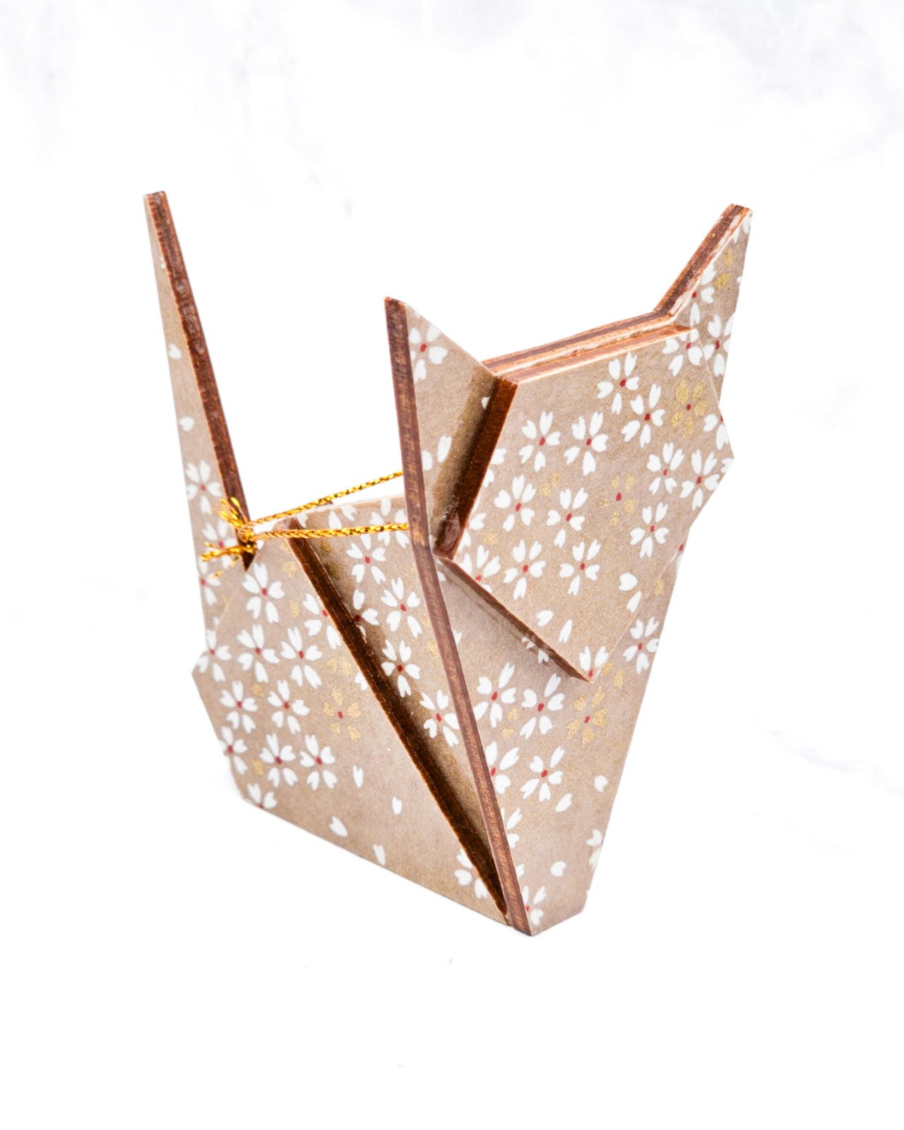 Wooden Origami Cat -  White & Gold Cherry Blossoms on Brown