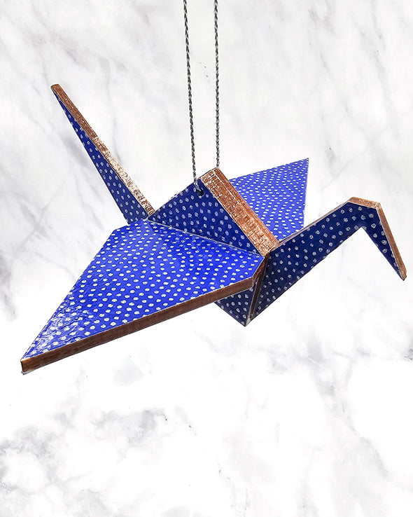 Wooden Origami Crane - Blue & Silver Same-Komon
