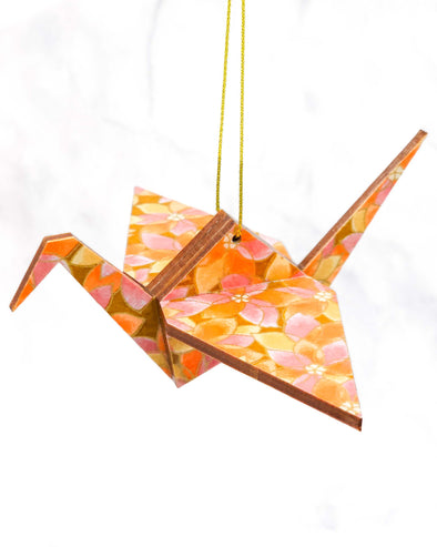 Wooden Origami Crane - Orange & Pink Lotuses