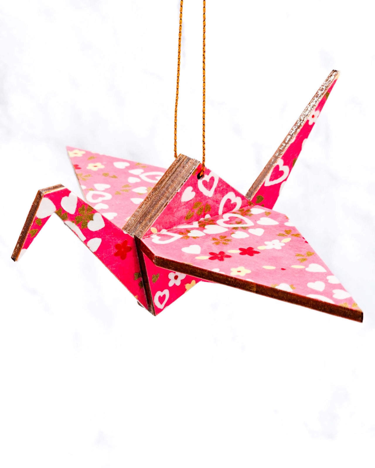 Wooden Origami Crane - Pink Hearts