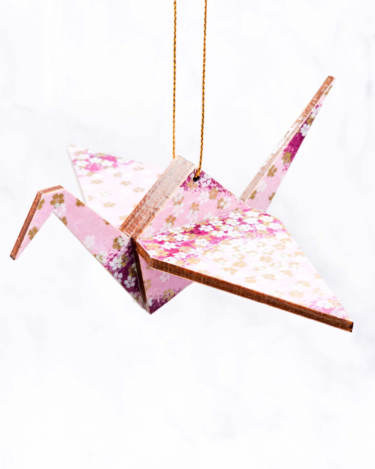 Wooden Origami Crane - White & Gold Cherry Blossoms on Purple