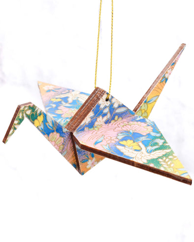 Wooden Origami Crane - White Cranes & Blossoms on Pastel