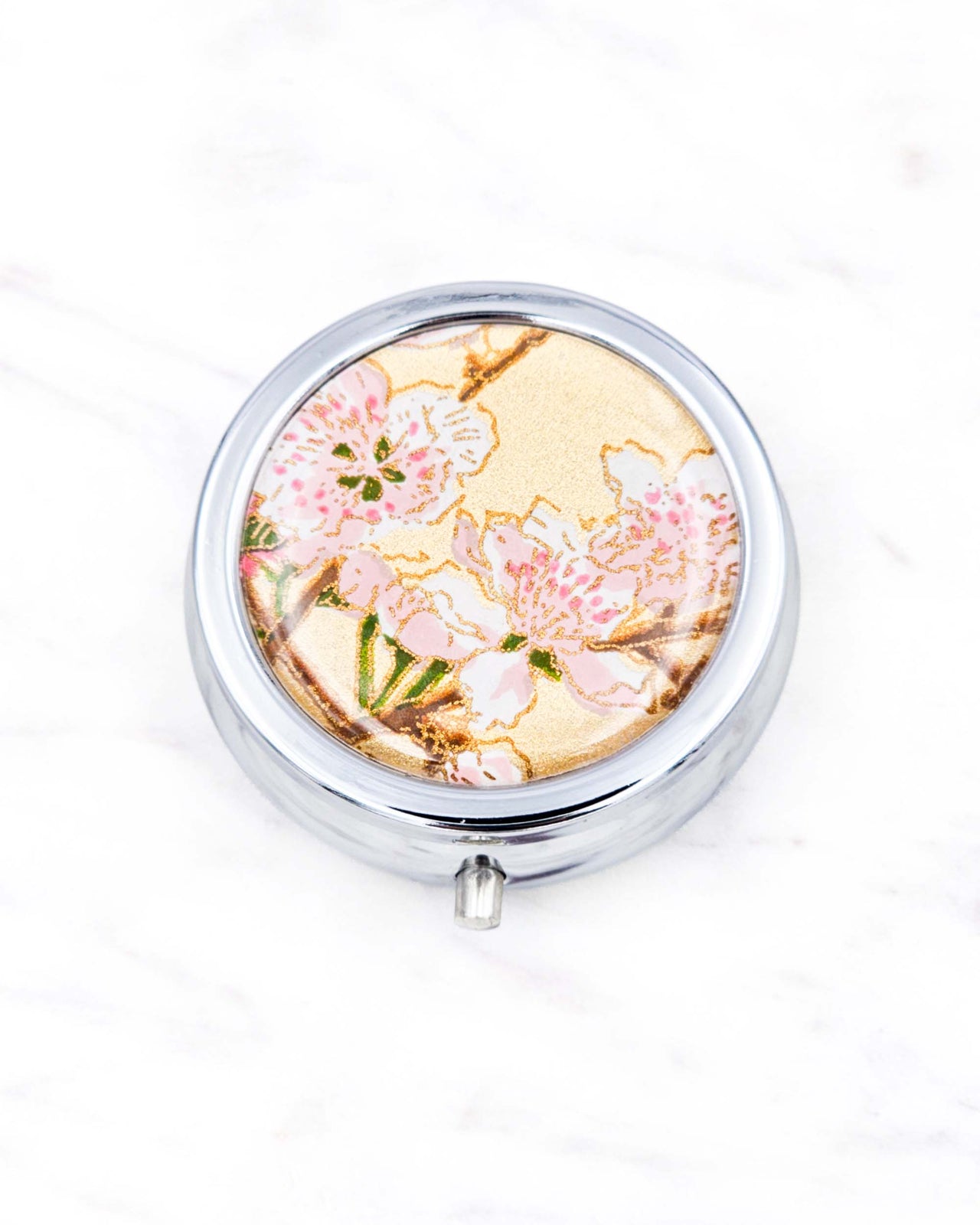 Pill Box - Pink Plum Blossoms on Gold