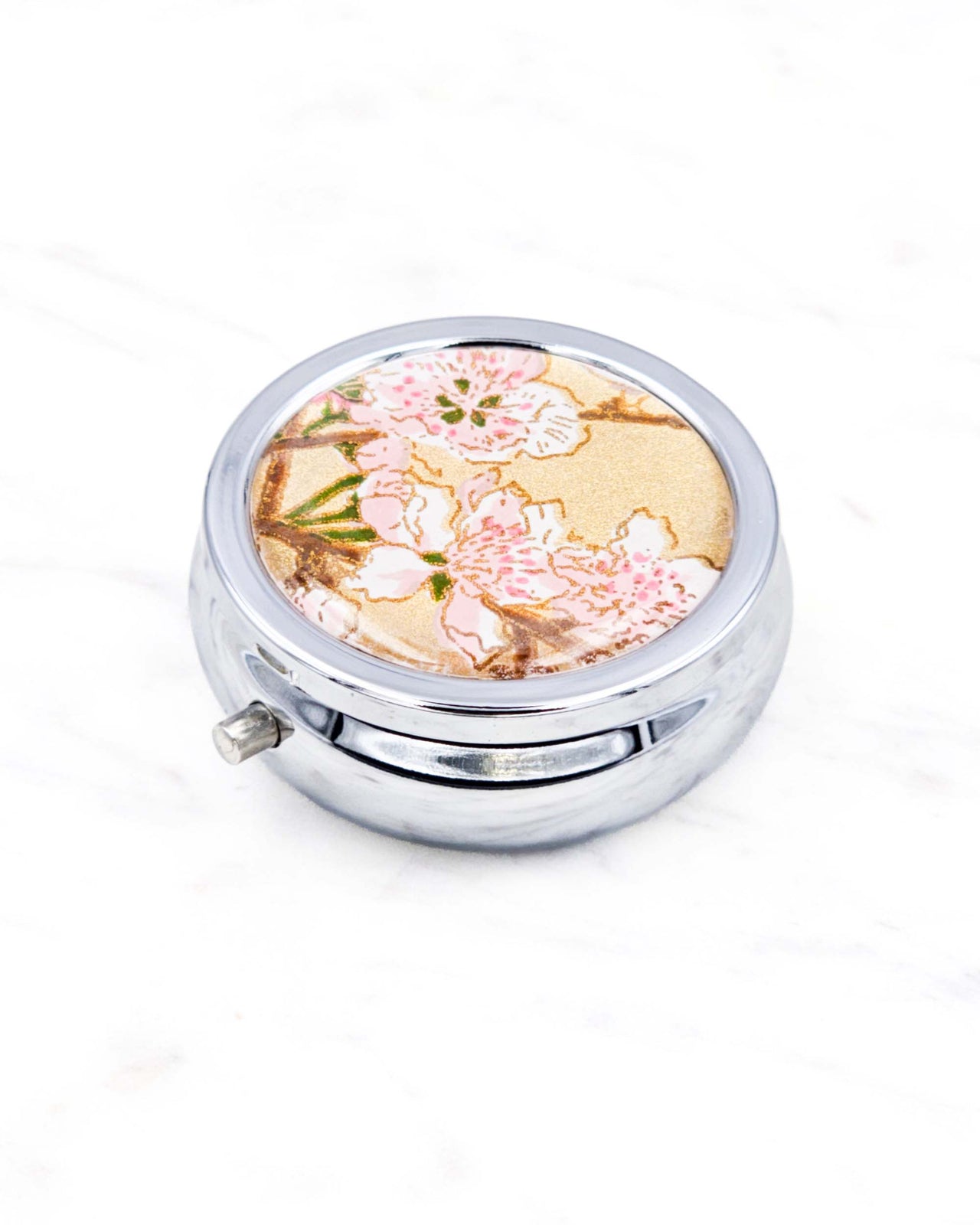 Pill Box - Pink Plum Blossoms on Gold