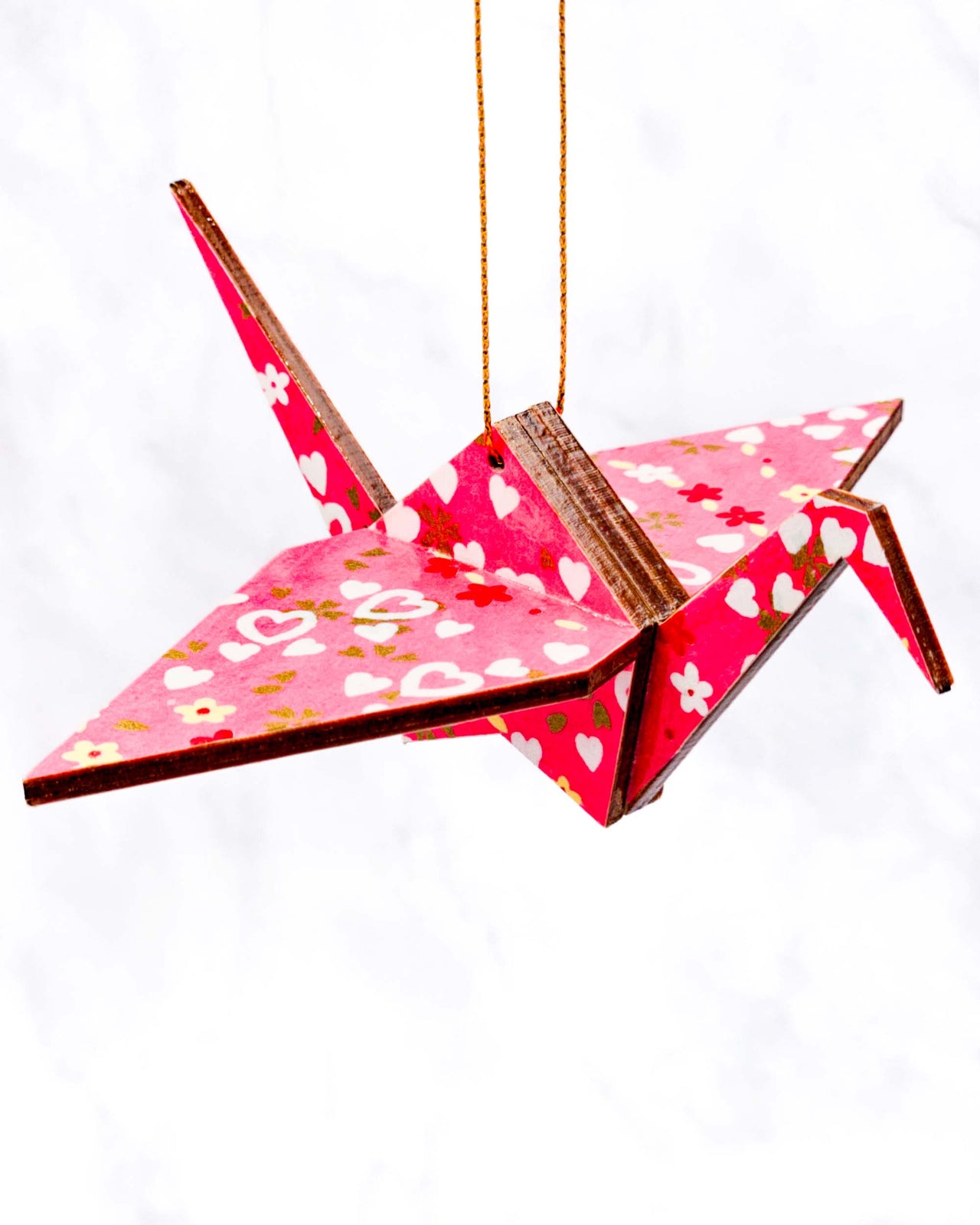 Wooden Origami Crane - Pink Hearts