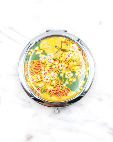 White Plum Blossoms on Green Compact Mirror