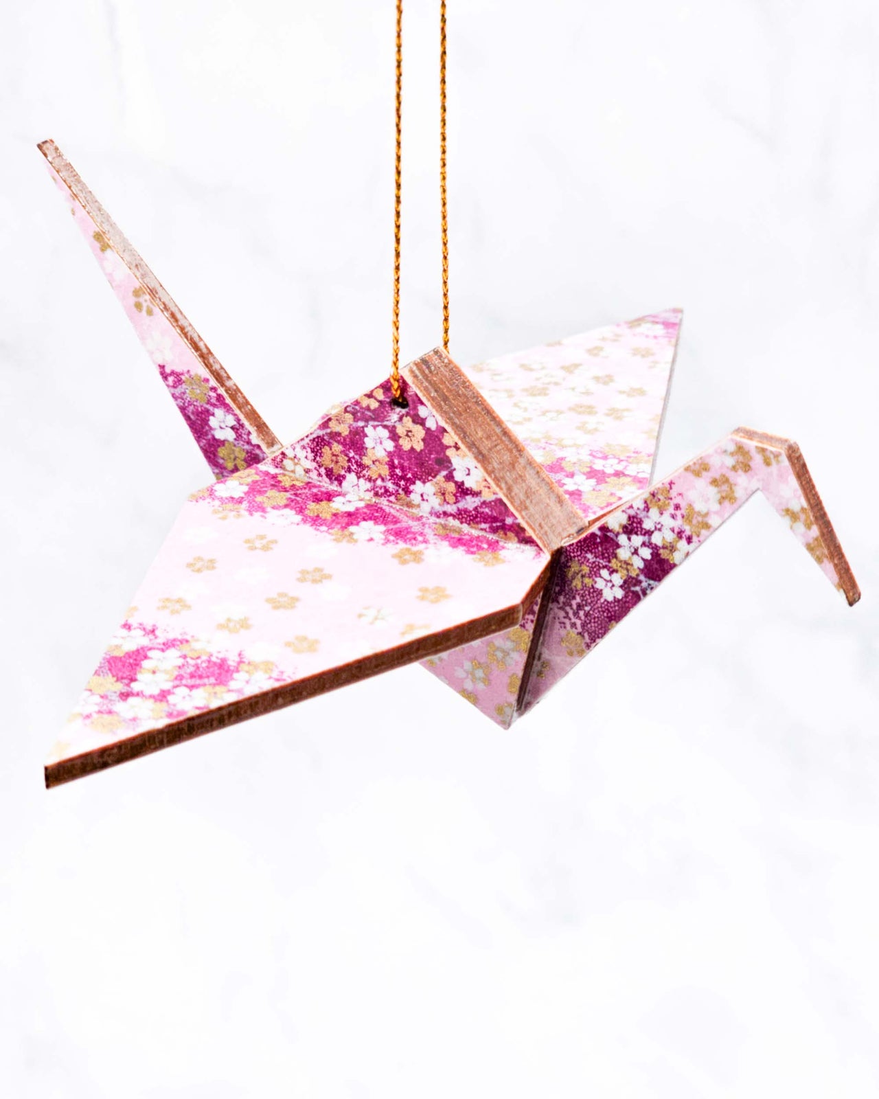 Wooden Origami Crane - White & Gold Cherry Blossoms on Purple