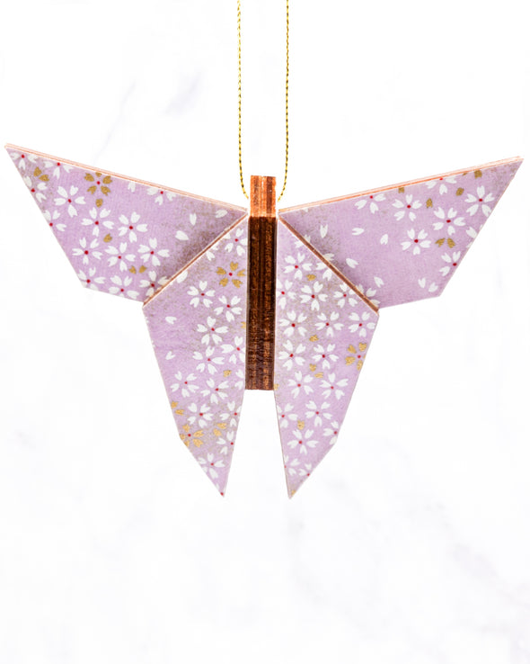 Wooden Origami Butterfly - White & Gold Cherry Blossoms on Purple