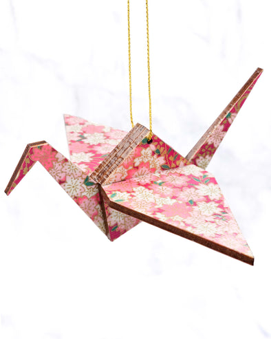 Wooden Origami Crane - Pink & White Cherry Blossoms on Pink