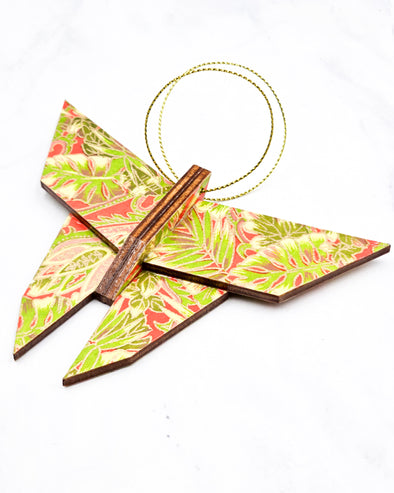Wooden Origami Butterfly - Green & Pink Fronds on Red