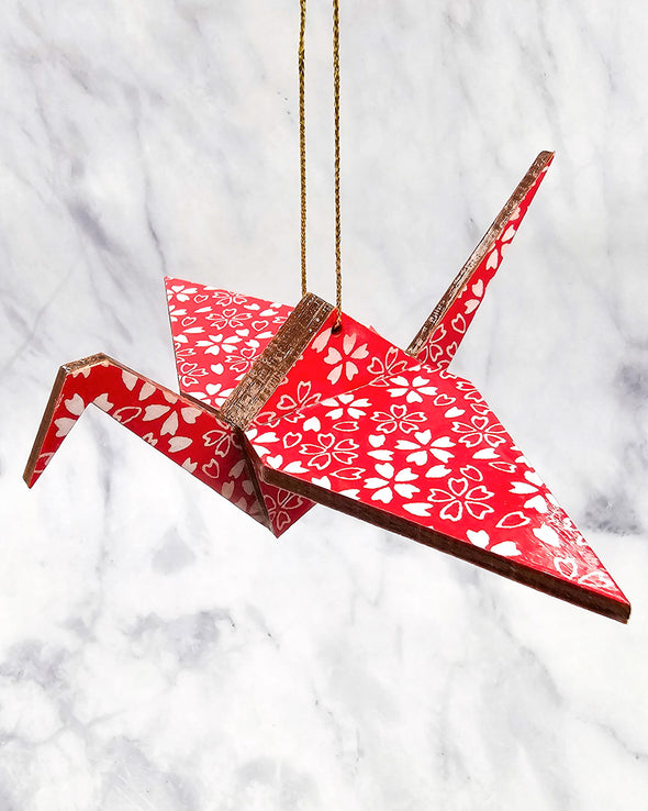 Wooden Origami Crane -  Red & White Cherry Blossoms