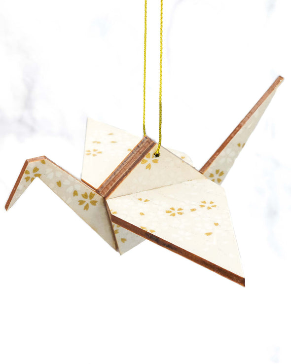 Wooden Origami Crane - Cherry Blossoms on Pearlescent White