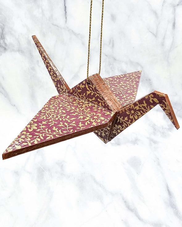 Wooden Origami Crane - Gold Floral on Purple