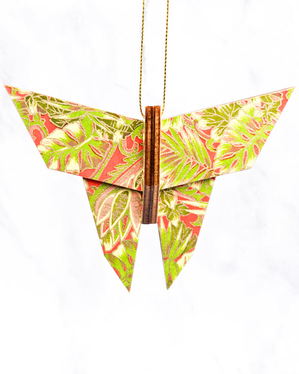 Wooden Origami Butterfly - Green & Pink Fronds on Red