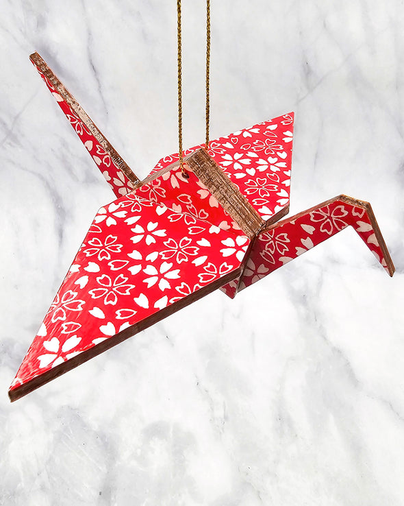 Wooden Origami Crane -  Red & White Cherry Blossoms