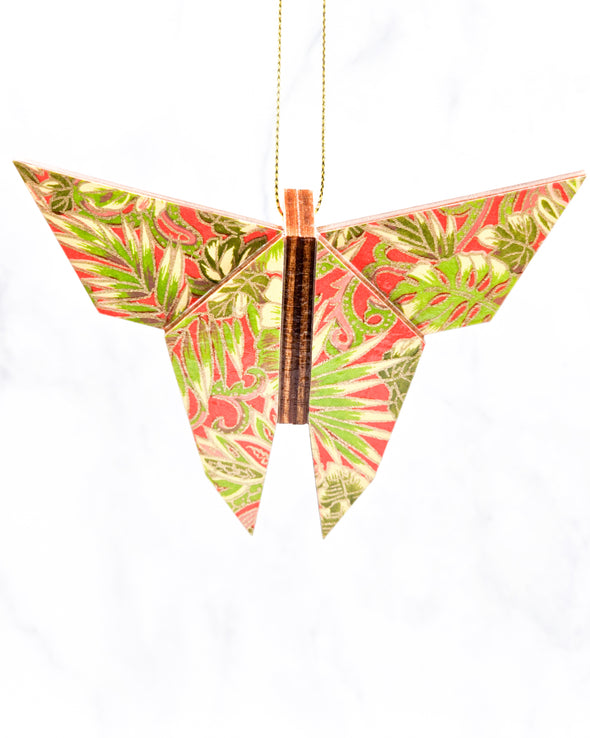 Wooden Origami Butterfly - Green & Pink Fronds on Red