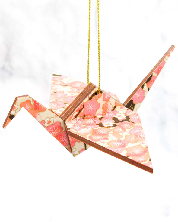 Wooden Origami Crane - Light Pink & White Plum Blossom Tree on Cream