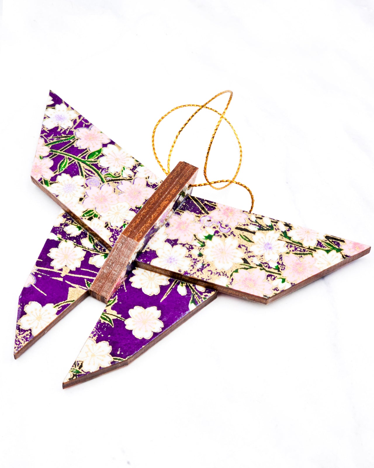 Wooden Origami Butterfly - Cherry Blossoms on Purple