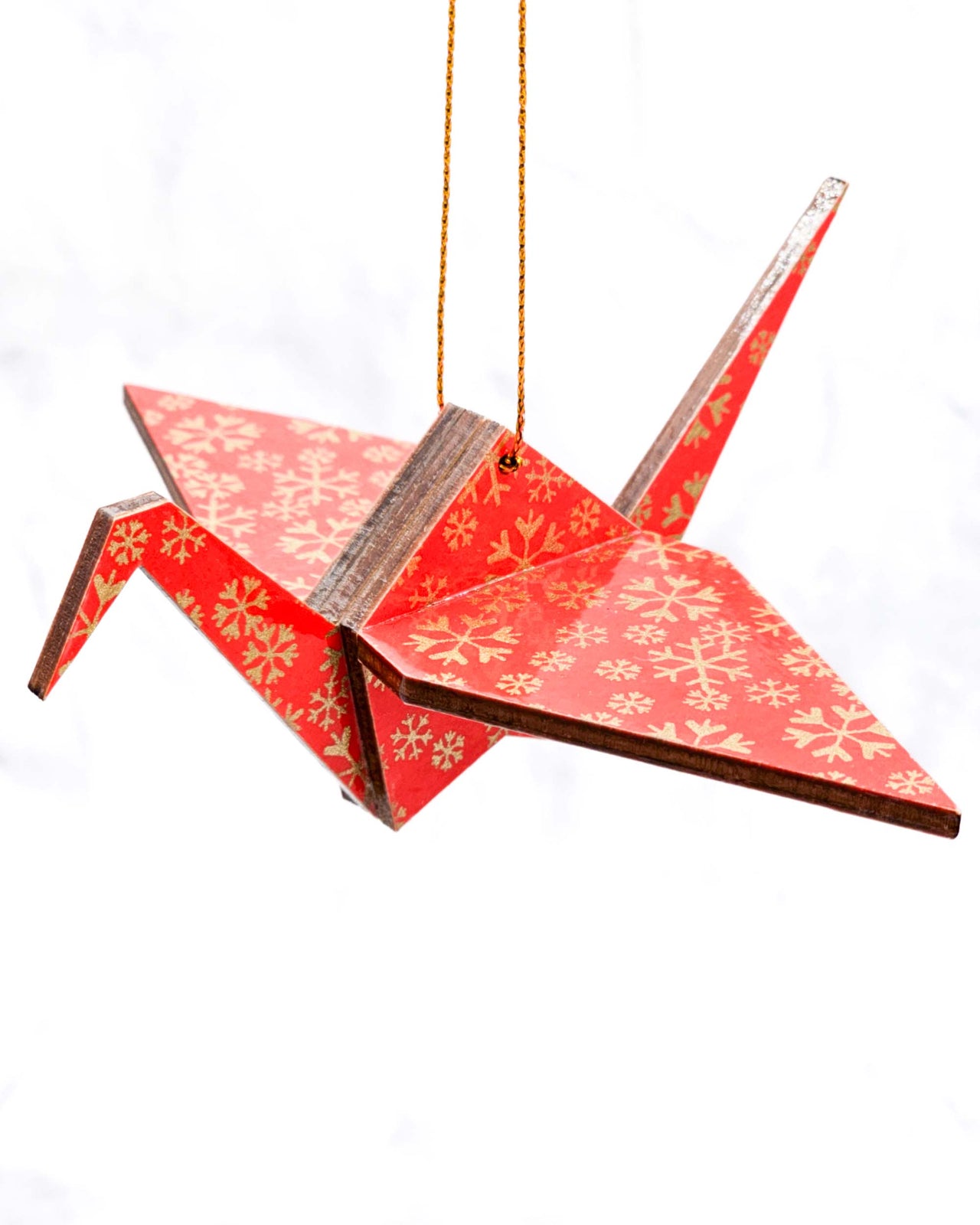 Wooden Origami Crane - Gold Snowflakes on Red